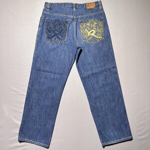 VTG Rocawear Baggy Wide Leg Skater Jeans Men 33x30.5 Blue Streetwear Embroidered